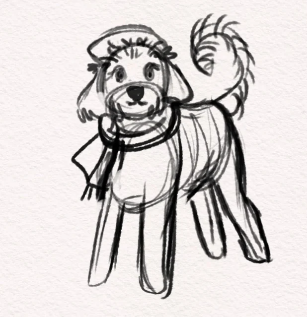 Early pencil sketch of Monalisa the Goldendoodle in a beret and scarf