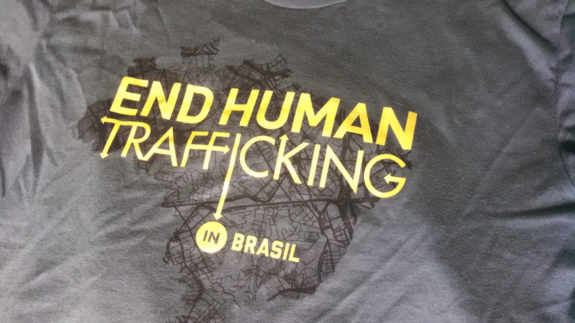 T-shirt from a ministry trip reading End Human Trafficking in Brasil